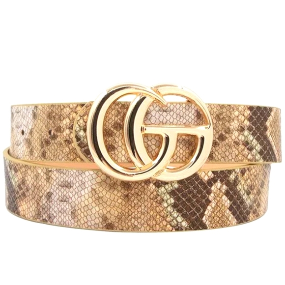 Faux Leather Snakeskin Belt with Gold G Buckle - Picture 1 of 3